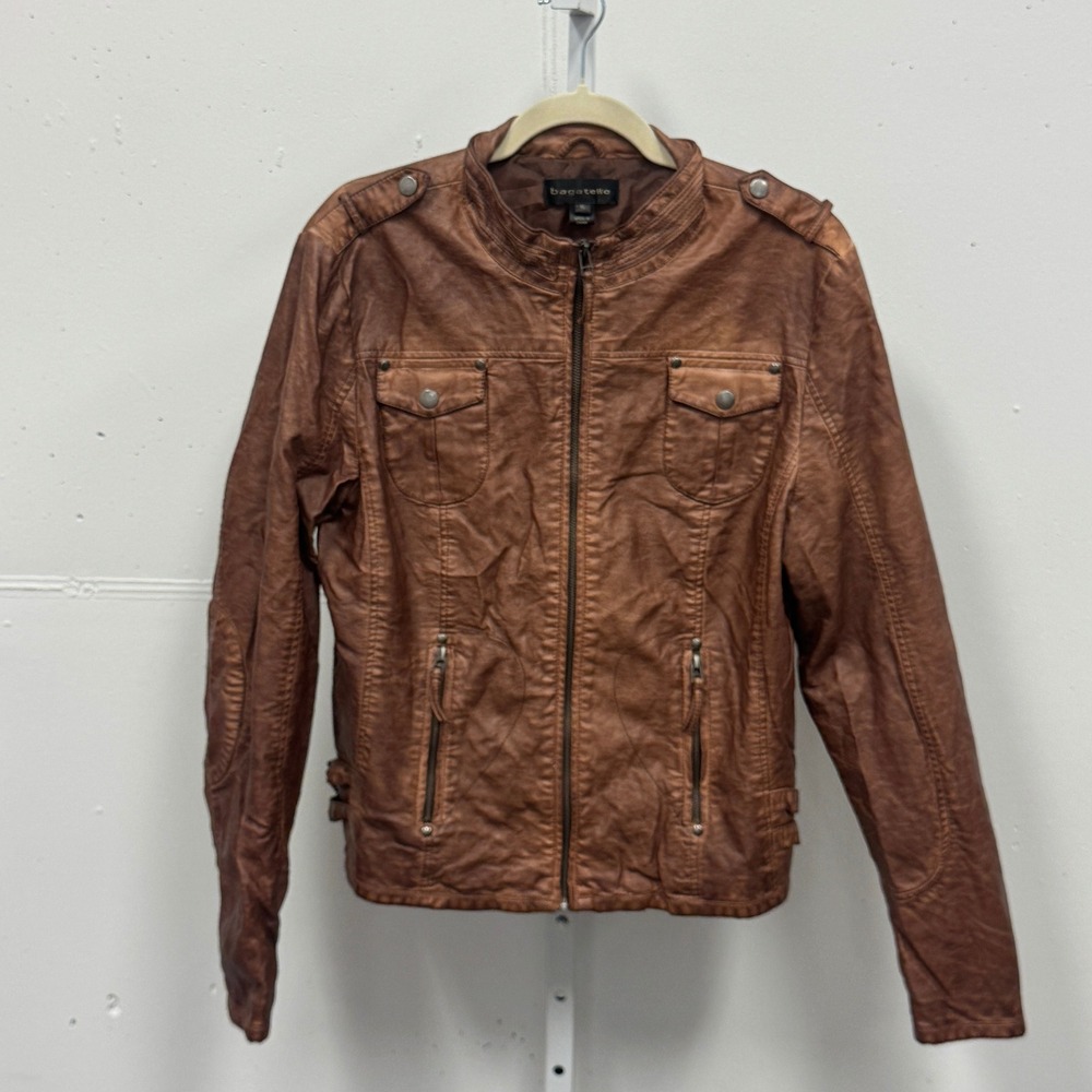 Bagatelle Womens Faux Leather Moto Biker Jacket Brown XL Banded Collar Full Zip